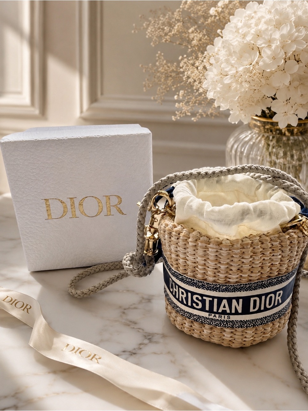 Dior Natural Straw Mini Bucket Bag with Navy Logo Band